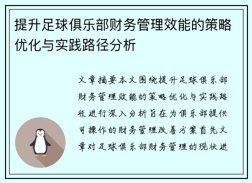 提升足球俱乐部财务管理效能的策略优化与实践路径分析 提升足球俱乐部财务管理效能的策略优化与实践路径分析