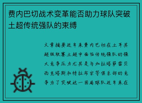 费内巴切战术变革能否助力球队突破土超传统强队的束缚 费内巴切战术变革能否助力球队突破土超传统强队的束缚