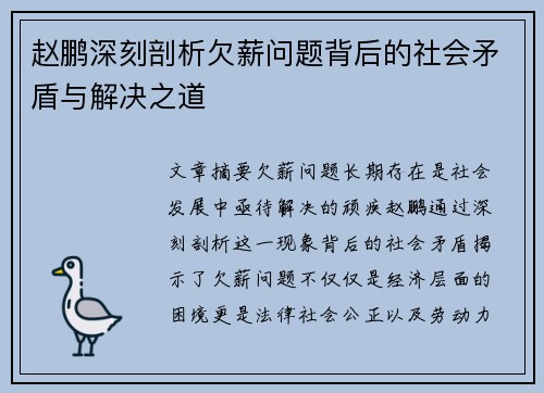 赵鹏深刻剖析欠薪问题背后的社会矛盾与解决之道 赵鹏深刻剖析欠薪问题背后的社会矛盾与解决之道