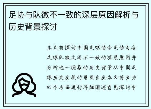 足协与队徽不一致的深层原因解析与历史背景探讨